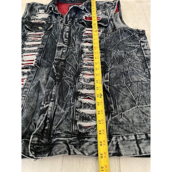Vtg 1738 Denim Vest Jacket Cotton 3XL Biker Rockabilly Black Shredded Acid Wash - Picture 6 of 8